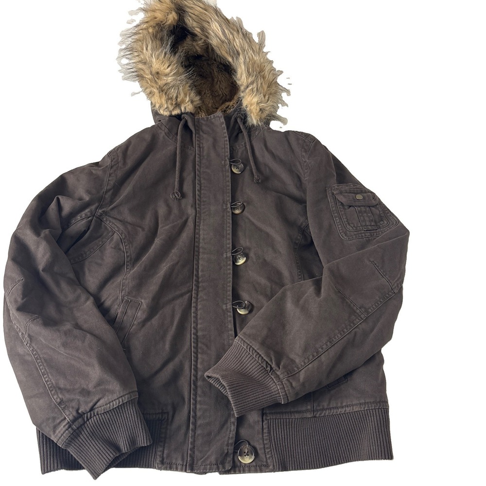 Old Navy Y2K Fur Lined Bomber Jacket Women L Fur Hooded Mallcore Vtg Bella Swan